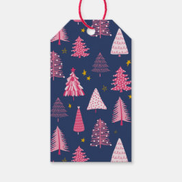 Blauw en roze kerstboompatroon cadeaulabel