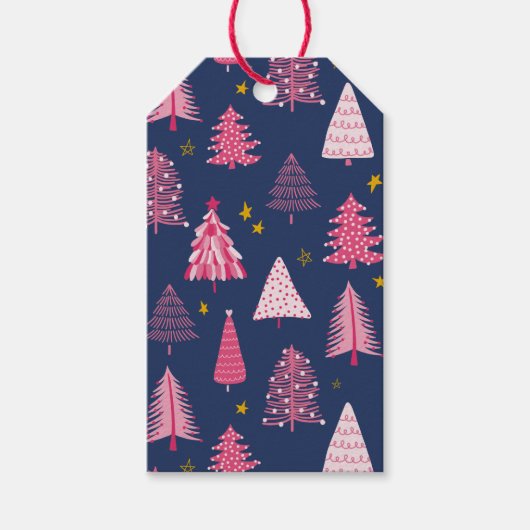 Blauw en roze kerstboompatroon cadeaulabel (Voorkant)