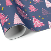 Blauw en roze kerstboompatroon cadeaupapier (Rol Hoek)