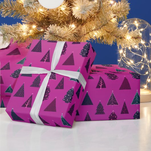Blauw en roze kerstboompatroon cadeaupapier (Feestdagen)