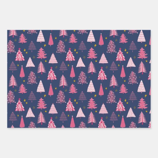 Blauw en roze kerstboompatroon inpakpapier vel (Voorkant 3)