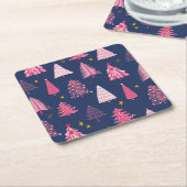 Blauw en roze kerstboompatroon kartonnen onderzetters (Schuin)