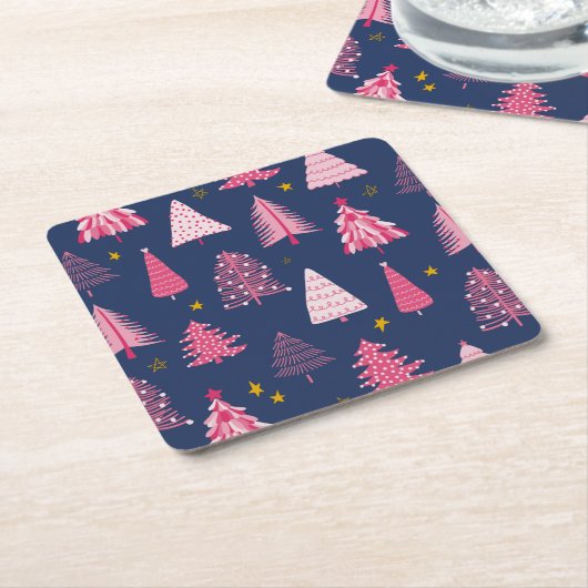 Blauw en roze kerstboompatroon kartonnen onderzetters (Schuin)