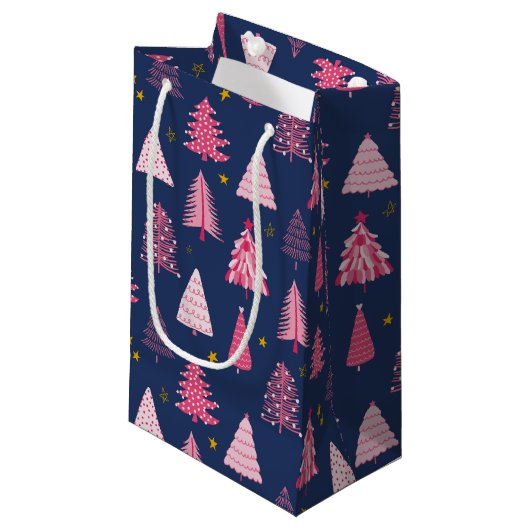 Blauw en roze kerstboompatroon klein cadeauzakje (Voorkant Gekanteld)