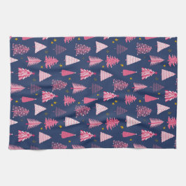 Blauw en roze kerstboompatroon theedoek