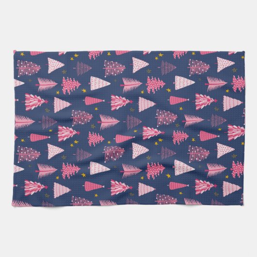 Blauw en roze kerstboompatroon theedoek (Horizontaal)