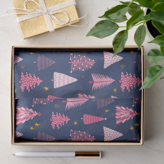 Blauw en roze kerstboompatroon tissuepapier (Geschenk)