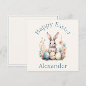 Blauw en Roze Konijn Wildbloemen Pasen Notitiekaartje (Voorkant / Achterkant)