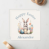 Blauw en Roze Konijn Wildbloemen Pasen Notitiekaartje (Voorkant / Achterkant in situ)