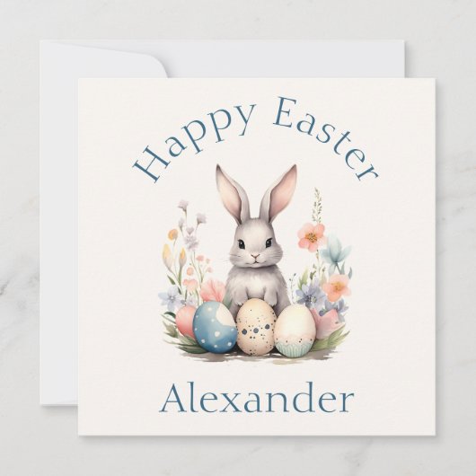 Blauw en Roze Konijn Wildbloemen Pasen Notitiekaartje (Voorkant)