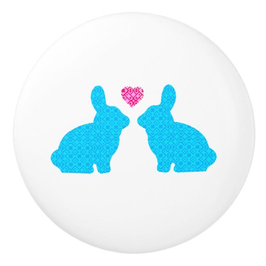 Blauw en roze konijntjes in liefde keramische knop (Voorkant)