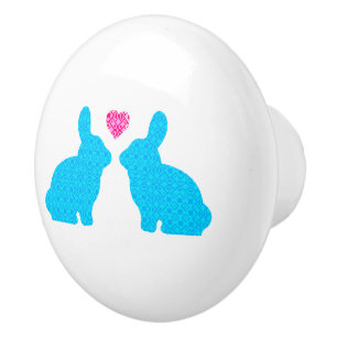 Blauw en roze konijntjes in liefde keramische knop