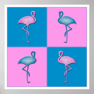 Blauw en roze lamingos poster