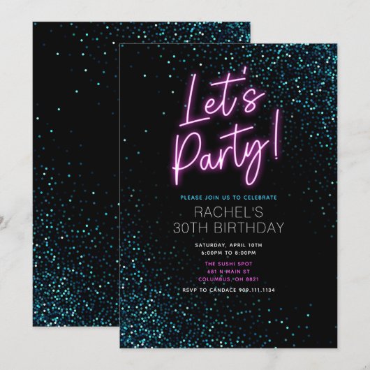 Blauw en Roze Moderne Verjaardag Uitnodiging (Voorkant / Achterkant)