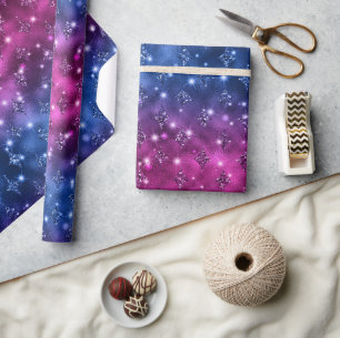 Blauw en roze ombre Glitter Celestial Pattern Cadeaupapier