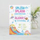 Blauw en Roze Opblaasbare Pool Party Meisje Verjaa Kaart (Staand voorkant)