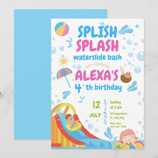 Blauw en Roze Opblaasbare Pool Party Meisje Verjaa Kaart (Voorkant / Achterkant)