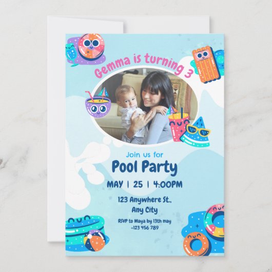 Blauw en Roze Opblaasbare Poolpartij Verjaardag Kaart (Voorkant)