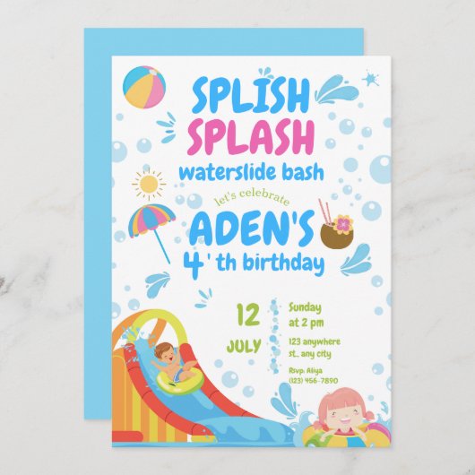 Blauw en Roze Opblaasbare Poolpartij Verjaardag Kaart (Voorkant / Achterkant)