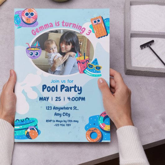 Blauw en Roze Opblaasbare Poolpartij Verjaardag Kaart