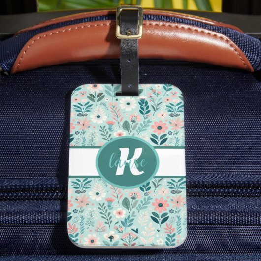  Blauw en Roze Pastel Folk Art Flowers Bagagelabel (Voorkant Insitu 2)