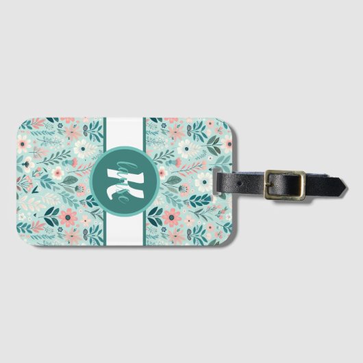  Blauw en Roze Pastel Folk Art Flowers Bagagelabel (Voorkant (horizontaal))