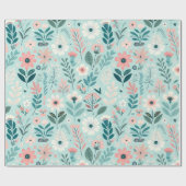  Blauw en Roze Pastel Folk Art Flowers Cadeaupapier (Vlak)