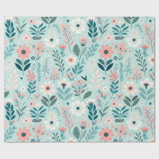  Blauw en Roze Pastel Folk Art Flowers Cadeaupapier (Vlak)