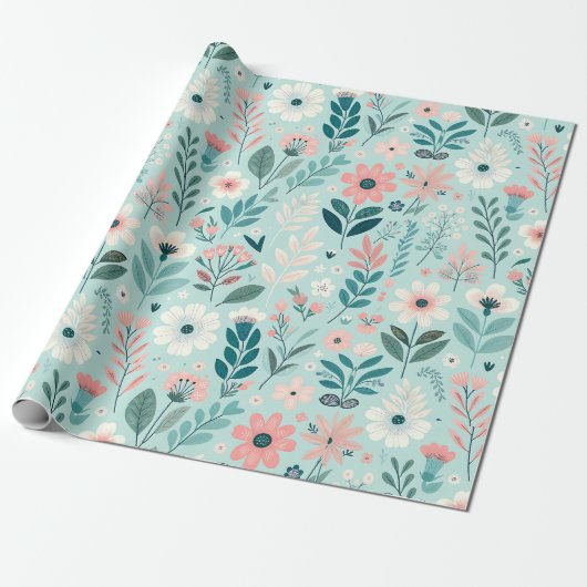  Blauw en Roze Pastel Folk Art Flowers Cadeaupapier (Uitgerold)