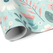  Blauw en Roze Pastel Folk Art Flowers Cadeaupapier (Rol Hoek)