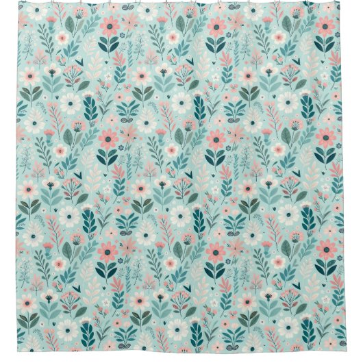  Blauw en Roze Pastel Folk Art Flowers Douchegordijn (Voorkant)