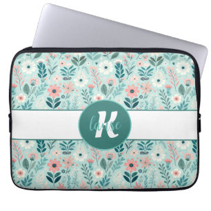  Blauw en Roze Pastel Folk Art Flowers Laptop Sleeve
