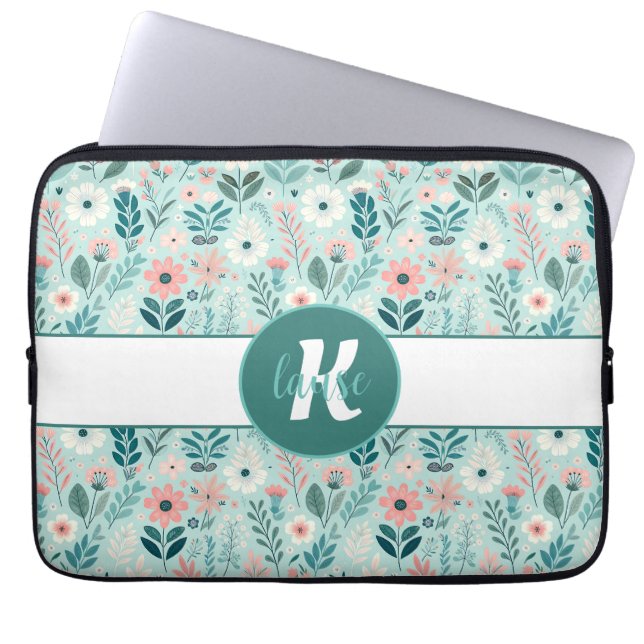  Blauw en Roze Pastel Folk Art Flowers Laptop Sleeve (Voorkant)
