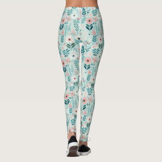  Blauw en Roze Pastel Folk Art Flowers Leggings (Achterkant)