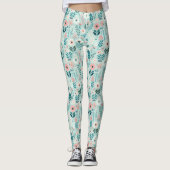  Blauw en Roze Pastel Folk Art Flowers Leggings (Voorkant)