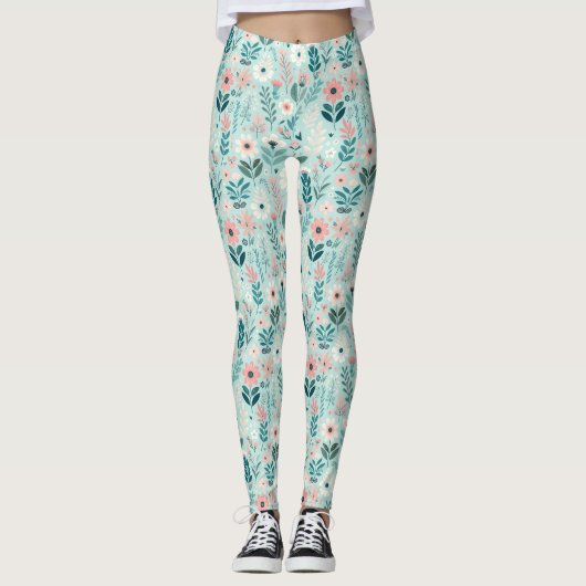  Blauw en Roze Pastel Folk Art Flowers Leggings (Voorkant)