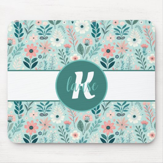  Blauw en Roze Pastel Folk Art Flowers Muismat (Voorkant)