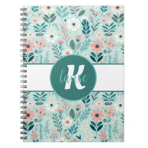  Blauw en Roze Pastel Folk Art Flowers Notitieboek