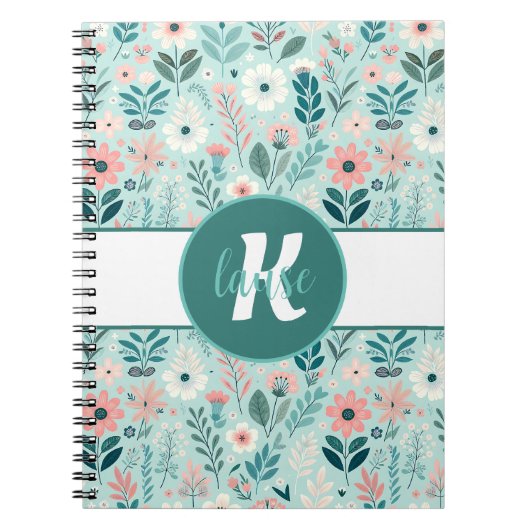 Blauw en Roze Pastel Folk Art Flowers Notitieboek (Voorkant)