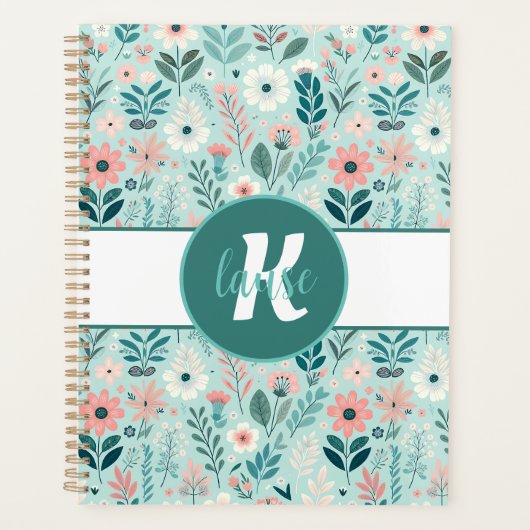 Blauw en Roze Pastel Folk Art Flowers Planner (Voorkant)