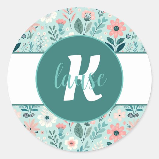 Blauw en Roze Pastel Folk Art Flowers Ronde Sticker (Voorkant)