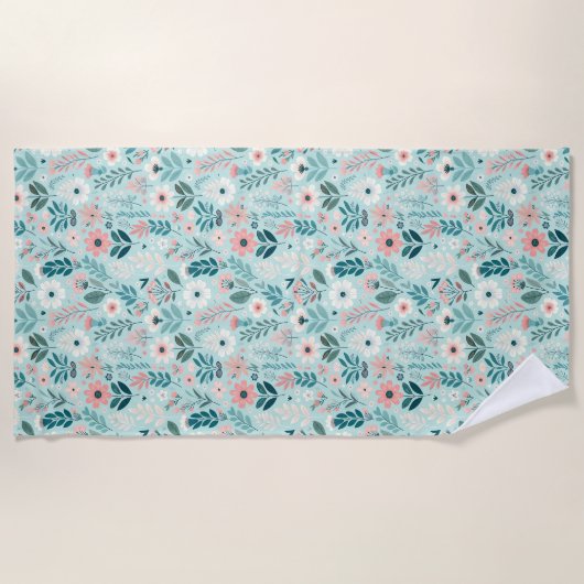Blauw en Roze Pastel Folk Art Flowers Strandlaken (Voorkant)
