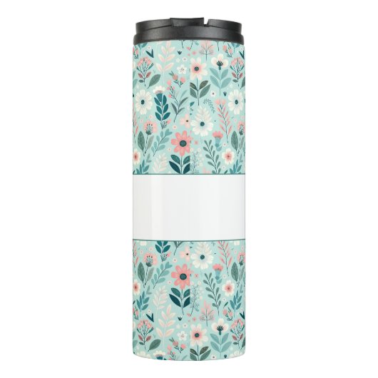  Blauw en Roze Pastel Folk Art Flowers Thermosbeker (Achterkant)