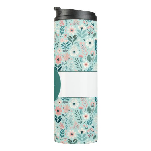  Blauw en Roze Pastel Folk Art Flowers Thermosbeker (Geroteerd rechts)