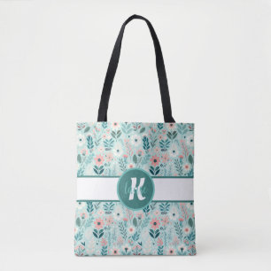  Blauw en Roze Pastel Folk Art Flowers Tote Bag