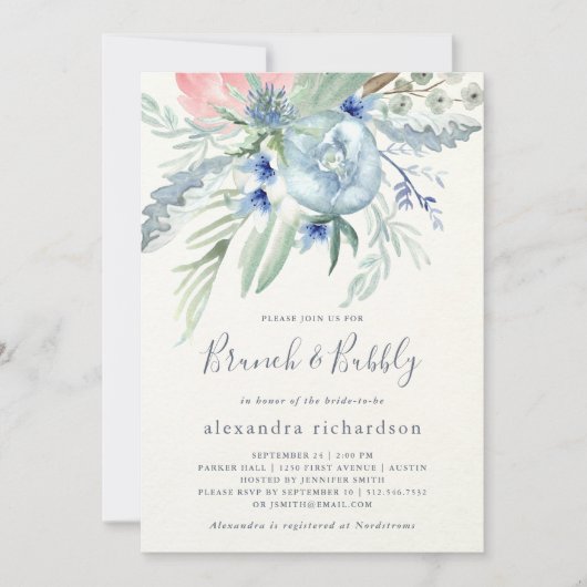 Blauw en roze Peony Bridal Brunch & Bubble Kaart (Voorkant)