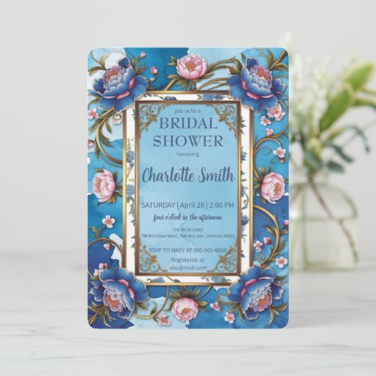 Blauw en roze pioen antiek vrijgezellenfeest kaart (Staand voorkant)