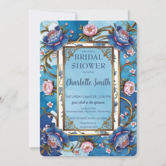 Blauw en roze pioen antiek vrijgezellenfeest kaart (Voorkant)