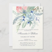 Blauw en Roze Pioen Waterverf Bruiloft Brunch Kaart (Voorkant)