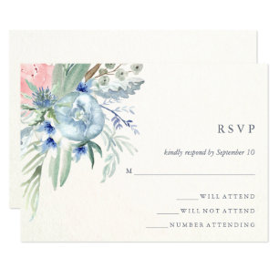 Blauw en Roze Pioen Waterverf Bruiloft RSVP Kaartje